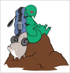 2011 anthro backpack biped border bovid caprine chibi digital_media_(artwork) duo feral full-length_portrait goat green_body grey_border lizard looking_at_viewer male mammal mountain mountain_climbing nude portrait quadruped reptile scalie simple_background sitting standing stripes tail toki_(character) trashdogeking white_background