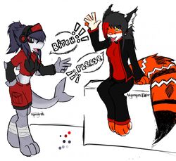 anthro canid canine dialogue duo english_text female fish fluffy fluffy_tail mammal marine shark tail text xaenyth xaenyth_(character)