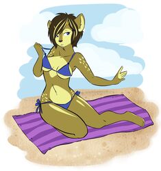 anthro beach bikini blue_eyes clothed clothing detailed_background female hizzie horn off_shoulder on_towel outside sand seaside skimpy sky solo swimwear towel unknown_species