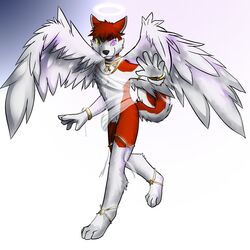 1:1 angel anthro canid canine canis cenny clothed clothing domestic_dog feathered_wings feathers hi_res husky male mammal nordic_sled_dog shynjy skimpy solo spitz tail translucent wings