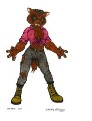 1997 absurd_res anthro biped claws clothed clothing female ferocious gulonine hi_res james_m_hardiman leila looking_at_viewer mammal mustelid musteline skimpy solo standing wolverine