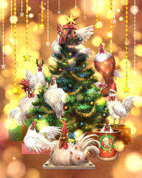 4:5 avian bell bird box chicken christmas christmas_star christmas_stocking christmas_tree christmas_tree_topper claws clothing container decorating feathered_wings feathers feet feral galliform gallus_(genus) gift group hi_res holidays holly_(plant) kfc legwear lights male mouth_hold ornament phasianid plant ribbons star stockings talons toes tree wings wood yoshiyanmisoko