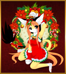 4_toes anthro arm_warmers armwear barefoot bell candy candy_cane christmas claws clothing dessert english_text feet female food holidays luna777 moondog pawpads pink_pawpads solo tail taratsu_(character) text toes