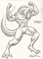 2006 anthro clothed clothing dinosaur extinct fossilizedart greyscale hi_res male monochrome muscular muscular_anthro muscular_male pose prehistoric_species reptile scalie skimpy solo speedo swimwear tail theropod topless tyrannosaurid tyrannosauroid tyrannosaurus tyrannosaurus_rex tyrax