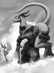 2012 angry anthro armor ass big_butt bottomless bound bound_female carrying_another chains clothed clothed/nude clothed_female clothed_male clothing damsel_in_distress detailed_background digitigrade dragon dress duo_focus female female_anthro fog greyscale group hair hattonslayden headgear helmet horn human humor knight lay_the_dragon male mammal melee_weapon meme monochrome mythological_creature mythological_scalie mythology nude nude_female princess raised_tail restrained role_reversal royalty scalie shoulder_carry sword tail trio unfinished warrior weapon