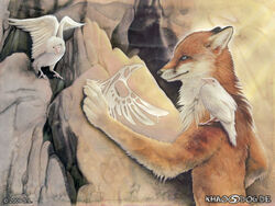 2009 ambiguous_gender anthro avian biped bird black_nose canid canine carrying_another corvid corvus_(genus) creating_art crow drawing feathered_wings feathers feral fox full-length_portrait fur group half-length_portrait khaosdog leucistic mammal nude on_shoulder orange_body orange_fur oscine painting painting_(action) passerine portrait raven rock rock_painting standing text traditional_media_(artwork) url white_body wings