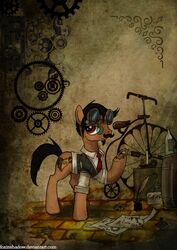 abstract_background alternative_fashion barrel bicycle bottle bottomless box candle candlestick clothed clothing container cutie_mark equid equine eyewear foxinshadow gear goggles hasbro horse inkwell loose_feather machine male mammal monocle my_little_pony necktie paper penny_farthing pony quadruped quill schematic simple_background solo steampunk suit tail unknown_character vehicle