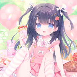  black_hair blue_eyes commentary_request crepe dress female flower food frills fruit hair_ornament hairclip holding holding_food long_hair original out-of-frame_censoring shirt sleeveless sleeveless_dress smile solo strawberry striped_clothes striped_thighhighs thighhighs two_side_up usashiro_mani white_flower white_shirt 