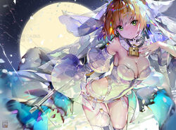  aestus_estus bare_shoulders blonde_hair breasts bridal_veil chains character_name cleavage crab_d detached_sleeves fate/extra fate/extra_ccc fate_(series) female full_moon green_eyes large_breasts leaning_forward leotard lock looking_at_viewer moon nero_claudius_(bride)_(fate) nero_claudius_(bride)_(second_ascension)_(fate) nero_claudius_(fate) padlock puffy_detached_sleeves puffy_sleeves smile solo sword thighhighs veil weapon 