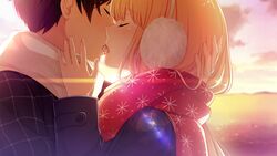  1boy akino_subaru backlighting bethly_rose_daisley black_hair blonde_hair blush closed_eyes couple earmuffs enpera female french_kiss game_cg gin&#039;iro_haruka hand_in_another&#039;s_hair kissing long_hair niimi_yukito print_scarf profile red_scarf saliva scarf short_hair snowflake_print straight sunrise tongue tongue_out white_scarf 