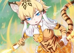  animal_ear_fluff animal_ears animal_print blonde_hair blue_eyes breasts commentary_request elbow_gloves extra_ears female frilled_skirt frills gloves hair_between_eyes holding holding_sheath holding_sword holding_weapon kemono_friends looking_at_viewer medium_breasts multicolored_hair necktie nyifu open_mouth plaid plaid_skirt print_gloves puffy_short_sleeves puffy_sleeves sheath short_sleeves sidelocks skirt smilodon_(kemono_friends) solo sword tail tiger_ears tiger_girl tiger_print tiger_tail twitter_username weapon white_hair yellow_necktie 