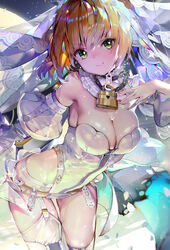  aestus_estus bare_shoulders blonde_hair breasts bridal_veil chains cleavage crab_d detached_sleeves fate/extra fate/extra_ccc fate_(series) female green_eyes large_breasts leaning_forward leotard lock looking_at_viewer nero_claudius_(bride)_(fate) nero_claudius_(bride)_(second_ascension)_(fate) nero_claudius_(fate) padlock puffy_detached_sleeves puffy_sleeves smile solo sword thighhighs veil weapon 