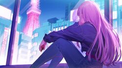  cityscape commentary denim digital_media_player earbuds earphones ekao end_of_a_life_(mori_calliope) female hololive hololive_english jacket jeans long_hair mori_calliope official_alternate_costume on_floor pants pink_hair red_eyes sitting tokyo_tower virtual_youtuber window 