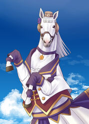  animal blue_sky blunt_bangs choker clothed_animal commentary_request cosplay ellenuen gold_ship_(racehorse) gold_ship_(umamusume) gold_ship_(umamusume)_(cosplay) golshi&#039;s_first_place_pose hat highres horse jacket korean_commentary looking_at_viewer name_connection no_humans open_clothes open_jacket parody photo-referenced purple_choker real_life skirt sky solo starting_future_(umamusume) umamusume white_hair white_horse white_jacket white_skirt 