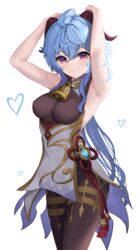  ahoge armpits arms_up bell blue_hair breasts chinese_knot commentary cowboy_shot curled_horns female ganyu_(genshin_impact) genshin_impact gold_trim highres horn_grab horns long_hair looking_at_viewer medium_breasts neck_bell purple_eyes sidelocks sleeveless solaris_(sinhyg) solo tassel thighlet vision_(genshin_impact) white_background 