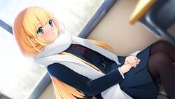  akino_subaru belt bethly_rose_daisley black_pantyhose blonde_hair blue_eyes blue_shirt blue_skirt blurry blurry_background blush classroom closed_mouth dutch_angle enpera female game_cg gin&#039;iro_haruka hair_between_eyes hands_on_lap indoors long_hair long_sleeves miniskirt neck_ribbon pantyhose pleated_skirt red_ribbon ribbon scarf school_uniform shirt sitting skirt solo straight_hair very_long_hair white_scarf 