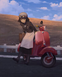  absurdres apron black_footwear black_jacket black_pantyhose brown_eyes brown_hair chinese_commentary commentary_request dress female helmet highres jacket leather leather_jacket long_dress looking_at_viewer maid mary_janes motor_vehicle nonaka_haru outdoors pantyhose photoshop_(medium) scenery scooter shoes short_hair smile solo yesterday_wo_utatte yurayura 