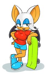  anthro bat big_breasts bottomwear breasts clothed clothing cosplay crossover crossover_cosplay eyelashes eyeshadow fangs female footwear hair half-closed_eyes hi_res leaning looking_at_viewer makeup mammal mario-grant narrowed_eyes open_mouth open_smile rouge_the_bat sega shadow shirt shoes shorts simple_background skateboard smile sneakers solo sonic_the_hedgehog_(series) t-shirt tan_body tan_inner_ear teal_eyes teeth the_simpsons topwear vehicle white_background white_body white_hair 