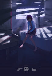  absurdres backlighting barefoot bed black_eyes black_skirt blue_shirt brown_hair chinese_commentary commentary female highres indoors open_clothes open_shirt original photoshop_(medium) shirt short_hair skirt solo yurayura 