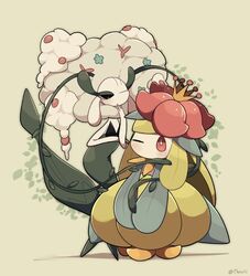  a-nya black_eyes blush bright_pupils commentary crown florges florges_(white_flower) flower green_background hand_up highres lilligant no_humans one_eye_closed plant pokemon pokemon_(creature) red_eyes standing symbol-only_commentary twitter_username vines white_pupils 