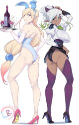  2girls absurdres animal_ears ass bare_legs black_footwear blonde_hair blue_eyes blue_leotard breasts closed_mouth commentary_request dark-skinned_female dark_elf dark_skin elf facial_mark fake_animal_ears full_body gradient_hair green_eyes green_hair hair_between_eyes heterochromia high_heels highres juliet_sleeves large_breasts leilla_(mi_mi_ham) leotard long_hair long_sleeves looking_at_viewer low-tied_long_hair mi_mi_ham multicolored_hair multiple_girls original pink_footwear pink_hair playboy_bunny pointy_ears ponytail puffy_sleeves purple_eyes purple_legwear rabbit_ears red_eyes rikka_(mi_mi_ham) shoes simple_background small_breasts smile strapless strapless_leotard thighhighs two-tone_hair very_long_hair white_background white_hair 