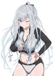  ;) absurdres ak-12_(age_of_slushies)_(girls&#039;_frontline) ak-12_(girls&#039;_frontline) bad_id bad_pixiv_id bikini bikini_bottom_only braid breasts cleavage closed_mouth commentary_request crop_top female french_braid fuku00 girls&#039;_frontline glowing glowing_eyes grey_hair hair_ribbon hand_on_own_hip high_ponytail highres large_breasts long_hair midriff navel official_alternate_costume one_eye_closed ponytail purple_eyes ribbon sidelocks smile standing swimsuit thighs unzipping zipper zipper_pull_tab 