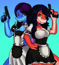  absurd_res anthro beaverbastard blue_body blue_hair blue_scales bow_tie breasts cleavage clothed clothing cobalt_(brighton1138) duo eyelashes female femboy feylene_(brighton1138) green_eyes gun hair handgun hi_res highlights_(coloring) kobold long_hair maid_uniform male male/female pistol pose purple_hair ranged_weapon red_body red_eyes red_scales scales sibling_(lore) smile twins_(lore) uniform weapon 