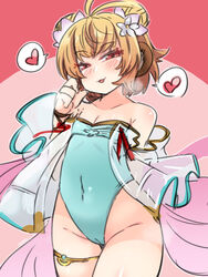  ahoge amagaeru_(hylathewet) andira_(granblue_fantasy) andira_(summer)_(granblue_fantasy) bare_shoulders blonde_hair blush cameltoe casual_one-piece_swimsuit covered_navel cowboy_shot female flat_chest flower granblue_fantasy hair_ornament heart highleg highleg_swimsuit highres looking_at_viewer naughty_face official_alternate_costume one-piece_swimsuit red_eyes short_hair solo spoken_heart swimsuit 