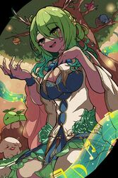  antlers apple bis814 blush boros_(ouro_kronii) braid braided_bangs breasts ceres_fauna ceres_fauna_(1st_costume) cleavage commentary creature female flower food friend_(nanashi_mumei) fruit golden_apple green_flower green_hair green_rose hair_flower hair_ornament hand_on_own_chest highres hololive hololive_english horns jewelry large_breasts log long_hair mole mole_under_eye mr._squeaks_(hakos_baelz) music musical_note on_grass open_mouth rose sanallite_(tsukumo_sana) sapling_(ceres_fauna) singing sitting smile solo staff_(music) tree virtual_youtuber wariza yellow_eyes 