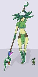  1:2 2019 abs breasts clothed clothing digital_media_(artwork) elemental_creature elemental_humanoid female flora_fauna floran green_body green_skin humanoid leaf looking_at_viewer melee_weapon muscular muscular_female muscular_humanoid navel not_furry plant plant_humanoid polearm sekama_(character) simple_background solo spear standing standing_tough starbound weapon 