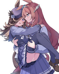  2girls animal_ears ass black_hair black_thighhighs blue_eyes blue_flower blue_headwear blue_rose blue_shirt blue_skirt blush bow brown_footwear brown_hair carrying closed_mouth commentary_request flower food food_in_mouth frilled_skirt frills hair_between_eyes hair_over_one_eye hat hat_flower highres horse_ears horse_girl horse_tail long_hair long_sleeves mihono_bourbon_(umamusume) mola_mola mouth_hold multiple_girls parted_lips pleated_skirt pocky pocky_day pocky_in_mouth princess_carry puffy_long_sleeves puffy_sleeves purple_eyes revision rice_shower_(umamusume) rose school_uniform shirt shoes simple_background skirt tail thighhighs tilted_headwear tracen_school_uniform umamusume very_long_hair wavy_mouth white_background white_bow 