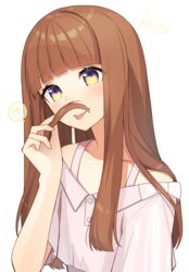  :p blunt_bangs blush brown_hair female hair_mustache head_tilt konogi_nogi long_hair looking_at_viewer multicolored_eyes off-shoulder_shirt off_shoulder original pink_shirt purple_eyes shirt simple_background smile solo tongue tongue_out white_background yellow_eyes 