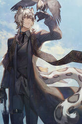  1boy animal animal_ear_fluff animal_ears arknights bird black_gloves cloud cloudy_sky commentary_request formal gloves green_eyes grey_hair highres ji_mag_(artist) leopard_boy leopard_ears leopard_tail male_focus necktie official_alternate_costume pants silverash_(arknights) silverash_(york&#039;s_bise)_(arknights) sky suit tail tenzin_(arknights) umbrella 