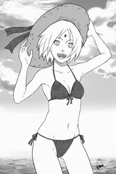  1girls adjusting_hat beach bikini breasts cameltoe cropped_legs facial_mark female female_only forehead_jewel front-tie_bikini fully_clothed hat headwear long_hair monochrome naruto naruto_(series) naruto_shippuden ocean open_mouth open_smile outdoors petite petite_body sakura_haruno shoulder_length_hair side-tie_bikini small_breasts solo solo_female solo_focus summer_hat swimsuit tokai 