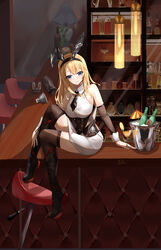  absurdres animal_ears astoria_(azur_lane) astoria_(black_bunny_carnival)_(azur_lane) azur_lane bar_(place) bar_stool bare_shoulders black_footwear black_thighhighs blonde_hair blue_eyes blush boots bottle bow bowtie breasts closed_mouth cocktail_glass cocktail_shaker cup drinking_glass fake_animal_ears female hand_on_leg hand_on_table highres ice knee_boots long_hair looking_at_viewer medium_breasts official_alternate_costume playboy_bunny rabbit_ears sama_1421598740 sitting sitting_on_table smile solo stool thighhighs wide_shot 