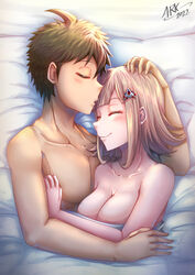  1boy ahoge arkfield bed_sheet blanket blunt_bangs blush breasts brown_hair cleavage closed_mouth collarbone commission danganronpa_(series) danganronpa_2:_goodbye_despair english_commentary female flipped_hair from_above galaga hair_ornament highres hinata_hajime large_breasts lying medium_hair nanami_chiaki on_side parted_lips smile straight 