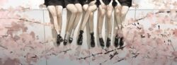  5girls bad_id bad_pixiv_id black_footwear cherry_blossoms commentary crossed_legs fingernails gimp_(medium) highres knees leg_only legs long_fingernails lower_body multiple_girls original sakauchi_waka sitting sleeves_past_wrists socks tree white_legwear 