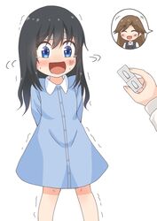  2girls alternate_costume arashio_(kancolle) arm_behind_back asashio_(kancolle) bad_id bad_twitter_id black_hair blue_dress blue_eyes comiching commentary_request dress feet_out_of_frame highres kantai_collection long_hair multiple_girls open_mouth simple_background smile solo_focus standing suppository trembling white_background 