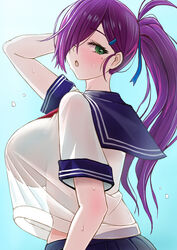  azur_lane black_background black_skirt blue_ribbon blue_sailor_collar blush breasts crop_top crop_top_overhang female from_side green_eyes hair_over_one_eye hair_ribbon hand_in_own_hair highres large_breasts looking_at_viewer mole mole_under_eye official_alternate_costume pleated_skirt ponytail purple_hair ribbon sai-go sailor_collar school_uniform see-through see-through_shirt see-through_silhouette shirt shirt_overhang short_sleeves simple_background skirt solo trieste_(azur_lane) trieste_(rooftop_lunch_break)_(azur_lane) upper_body white_shirt 