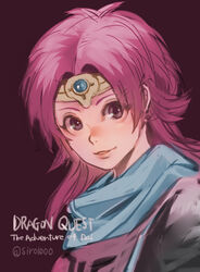  brown_eyes circlet closed_mouth copyright_name dragon_quest dragon_quest_dai_no_daibouken female long_hair looking_at_viewer maam pink_hair shiroton_(kazamineko) simple_background smile solo 