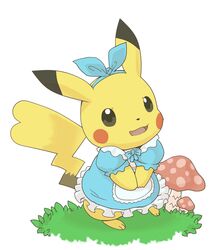  2016 alternative_fashion bow_(feature) bow_tie cleft_tail clothed clothing daww dress fungus fur generation_1_pokemon grass headgear headwear hi_res j-fashion kemono lolita_(fashion) mushroom nintendo pikachu plant pokemon pokemon_(species) simple_background solo standing tail wadorigi white_background yellow_body yellow_fur 