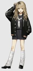  arm_up bad_id bad_pixiv_id black_footwear black_jacket black_serafuku black_skirt blonde_hair delinquent female grey_background gyaru hand_in_pocket highres jacket kogal long_hair loose_socks lower_teeth_only miniskirt neckerchief open_mouth original sakauchi_waka school_uniform serafuku simple_background skirt sleeves_past_wrists socks solo standing tachi-e teeth uniform white_neckerchief white_socks yellow_eyes zipper zipper_pull_tab 