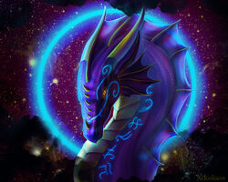  5:4 absurd_res backlighting blue_light blue_markings bust_portrait chin_horn cinematic cloud detailed detailed_background digital_media_(artwork) dorsal_fin dragon ear_frill ears_back european_mythology facial_horn facial_markings female feral feruda_(farstaria) fin fog frill_(anatomy) front_view galaxy glistening glistening_body glistening_eyes glistening_scales glowing glowing_eyes glowing_markings head_fin head_markings hi_res horn light lighting looking_at_viewer looking_forward magic magic_circle markings mythological_creature mythological_scalie mythology night nikolaosflamel nose_horn pivoted_ears plated_scales portrait pose purple_body purple_scales realistic runes scales scalie shaded sky skyscape snout solo spines star starry_sky western_dragon yellow_body yellow_eyes yellow_scales 