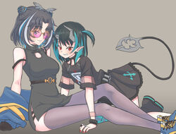  2girls all_fours animare black_dress black_hair blue_hair blue_jacket blue_thighhighs bracelet breasts china_dress chinese_clothes commentary_request cone_hair_bun demon_girl demon_horns demon_tail dress eye_of_providence flat_chest full_body glasses grey_background grey_thighhighs grin hair_bun horns jacket jewelry k_waremono looking_at_viewer medium_breasts medium_hair multicolored_hair multiple_girls nanashi_inc. official_alternate_costume one_side_up oura_rukako oura_rukako_(2nd_costume) pink-tinted_eyewear pointy_ears red_eyes shishio_chris shishio_chris_(3rd_costume) shoes short_dress short_sleeves single_thighhigh sitting sleeveless sleeveless_dress smile sneakers spiked_bracelet spikes streaked_hair striped_clothes striped_thighhighs sugar_lyric sunglasses tail thighhighs tinted_eyewear two-tone_hair unworn_jacket virtual_youtuber white_hair yellow_footwear zettai_ryouiki 