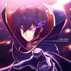  1boy artist_name black_hair cape character_name close-up code_geass commentary copyright_name ctiahao geass glowing glowing_eye lelouch_vi_britannia looking_at_viewer male_focus pointing pointing_at_viewer purple_eyes short_hair solo 