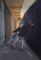  absurdres aqua_hair black_coat brown_footwear coat commentary container female green_skirt grin half-closed_eyes hatsune_miku highres loafers long_sleeves pantyhose photoshop_(medium) school_uniform shoes skirt smile solo vocaloid white_pantyhose yellow_eyes yurayura 