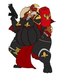  2018 adepta_sororitas anthro armor avian beak belly big_belly big_breasts biped bird blue_eyes boob_armor bottomwear breasts chicken clothed clothing cowboy_hat curvy_figure feathers female fighting_pose fist fleur-de-lis front_view full-length_portrait furgonomics galliform gallus_(genus) gauntlets gloves grey_beak gun hair handwear hat headgear headwear hi_res holding_gun holding_object holding_ranged_weapon holding_weapon loincloth looking_aside non-mammal_breasts open_beak open_mouth overweight overweight_anthro overweight_female phasianid portrait pose ranged_weapon robertge sister_of_battle solo standing straps tail tail_clothing tail_feathers thick_thighs tongue voluptuous warhammer_(franchise) warhammer_40000 weapon wide_hips wide_stance ysabelle_kentuck 