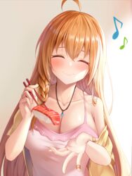  ^_^ absurdres ahoge bandaid bandaid_on_hand blush braid breasts camisole casual chopsticks cleavage closed_eyes closed_mouth collarbone commentary dress facing_viewer female food gradient_dress highres holding holding_chopsticks holding_food incoming_food jacket jewelry large_breasts long_hair musical_note necklace off_shoulder open_clothes open_hand open_jacket orange_hair pecorine_(princess_connect!) pecorine_(real)_(princess_connect!) princess_connect! short_sleeves single_braid sira_(user_dswn7488) smile solo spaghetti_strap sushi upper_body 