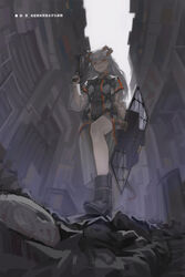  absurdres arknights black_choker black_footwear boots chinese_commentary choker commentary_request female from_below grin gun highres holding holding_weapon horns jacket long_hair long_sleeves looking_at_viewer looking_down orange_eyes photoshop_(medium) saria_(arknights) sharp_teeth smile solo syringe_gun teeth weapon white_hair white_jacket yurayura 