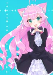  2018 ahoge alternate_costume alternative_fashion animal_humanoid bell black_bow black_clothing blue_background blush bow_tie cat_humanoid clothing felid felid_humanoid feline feline_humanoid female goth gothic_lolita green_eyes hair humanoid j-fashion lolita_(fashion) long_hair looking_at_viewer maid_headdress mammal mammal_humanoid pink_hair portrait rosia_(show_by_rock!!) sanrio show_by_rock!! simple_background solo three-quarter_portrait young yuikawa 